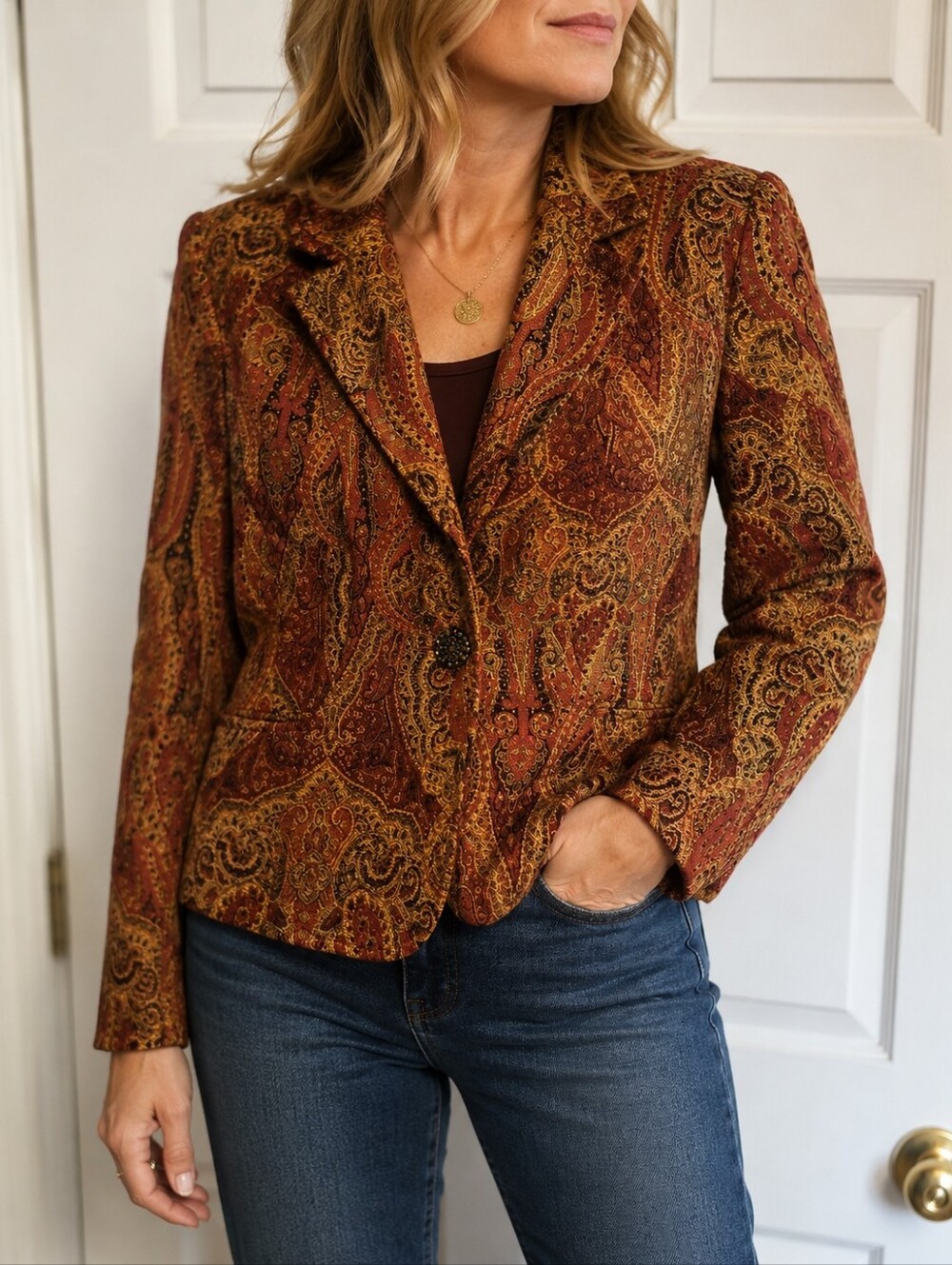 August Silk Brocade Paisley Tapestry Blazer in Burgundy with Gold and Brown
